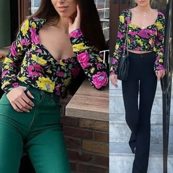 NEW Zara Floral Sweetheart Neckline Ruched Long Sleeve Crop Blouse Top L Vibrant - Picture 8 of 9